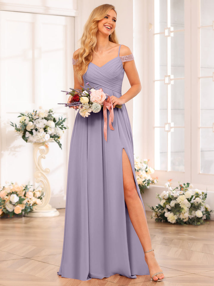 A-Line/Princess Spaghetti Straps Long Wedding Party Dresses with Split Side &amp; Pockets