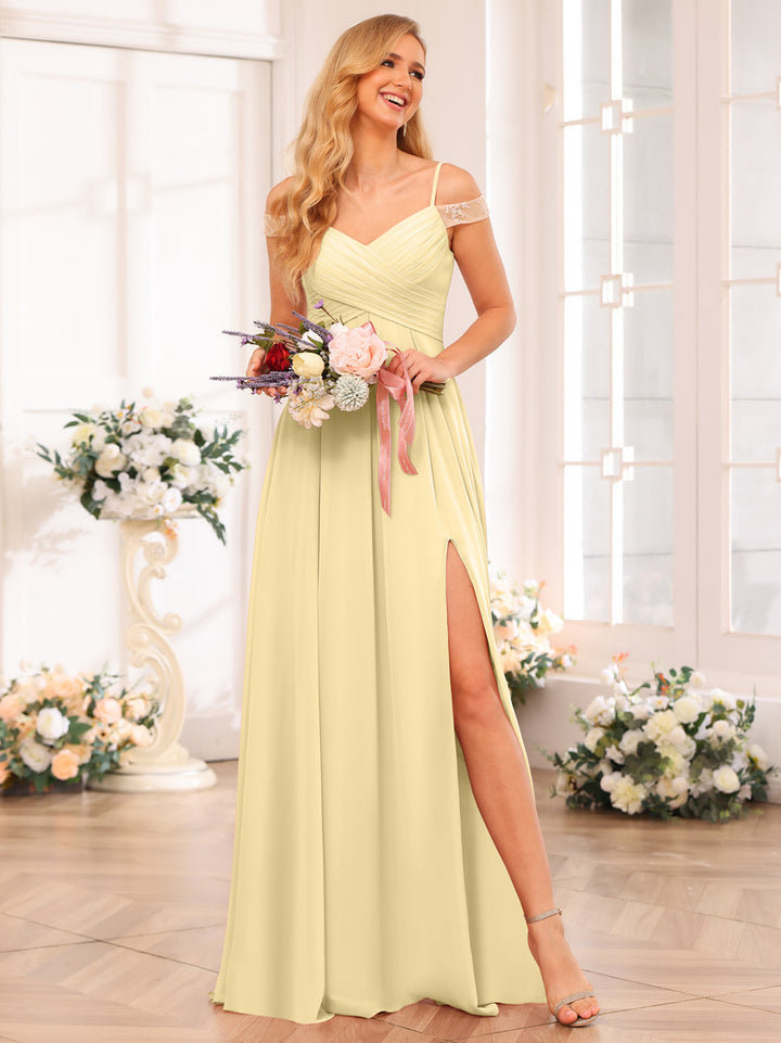 A-Line/Princess Spaghetti Straps Long Wedding Party Dresses with Split Side &amp; Pockets