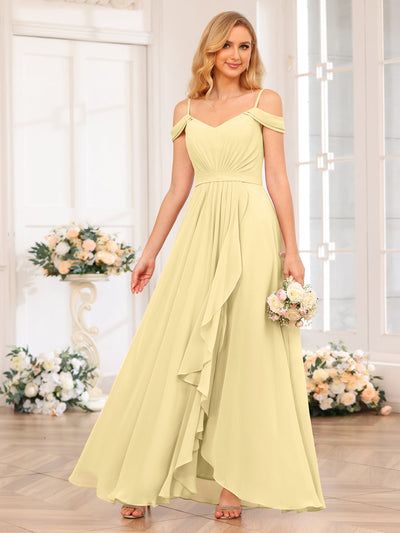 A-Line/Princess Spaghetti Straps Long Wedding Party Dresses with Split Side