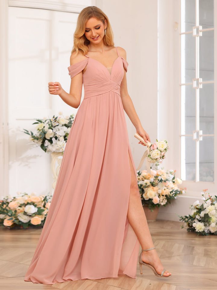 A-Line/Princess Spaghetti Straps Long Wedding Party Dresses with Split Side &amp; Pockets