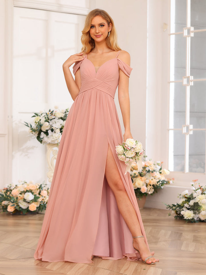 A-Line/Princess Spaghetti Straps Long Wedding Party Dresses with Split Side &amp; Pockets