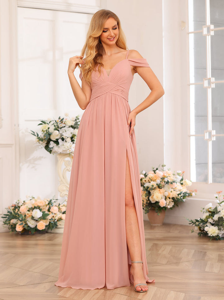 A-Line/Princess Spaghetti Straps Long Wedding Party Dresses with Split Side &amp; Pockets