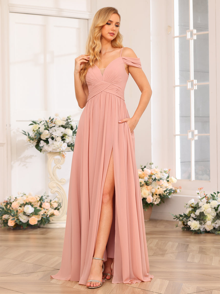 A-Line/Princess Spaghetti Straps Long Wedding Party Dresses with Split Side &amp; Pockets