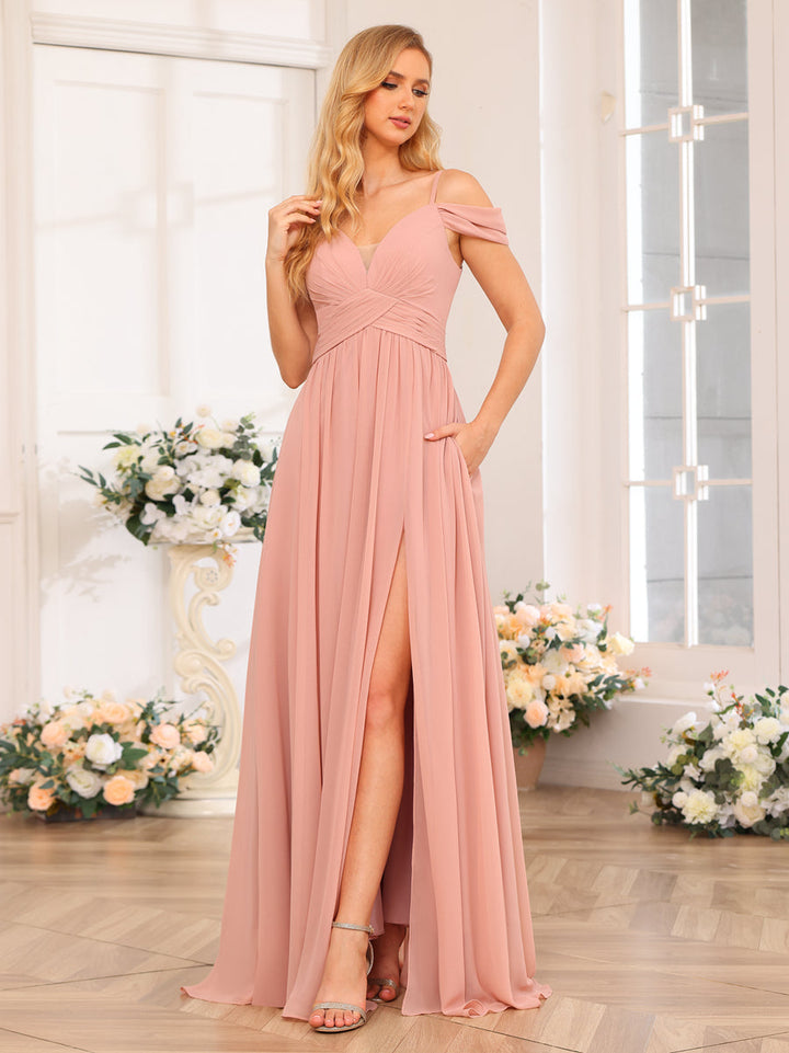 A-Line/Princess Spaghetti Straps Long Wedding Party Dresses with Split Side &amp; Pockets