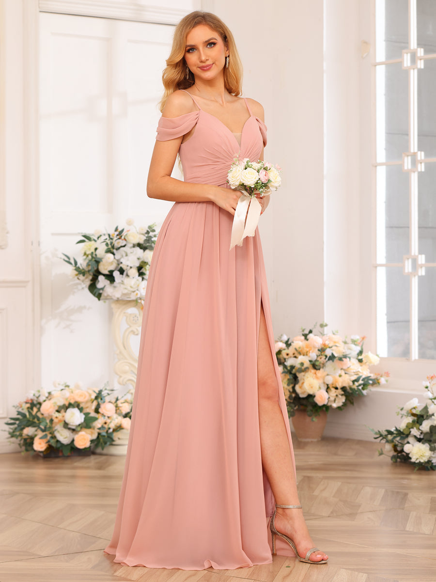 A-Line/Princess Spaghetti Straps Long Wedding Party Dresses with Split Side &amp; Pockets
