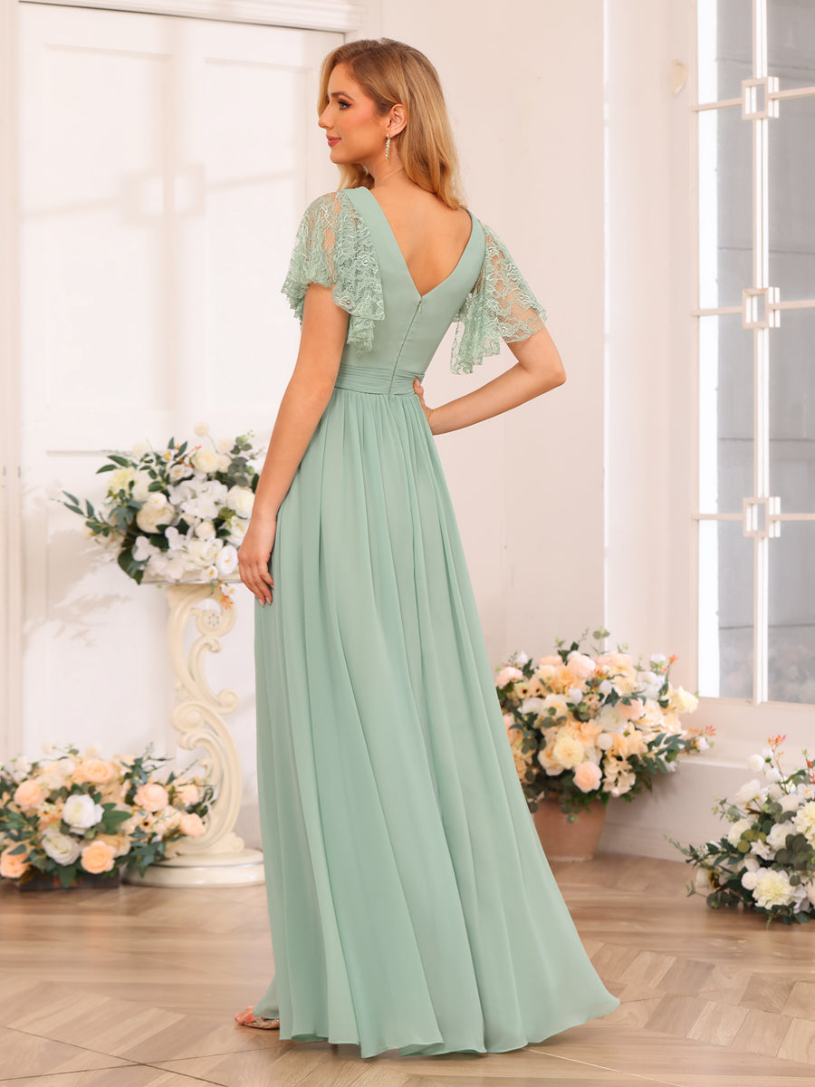 A-Line/Princess V-Neck Long Wedding Party Dresses with Split Side &amp; Pockets