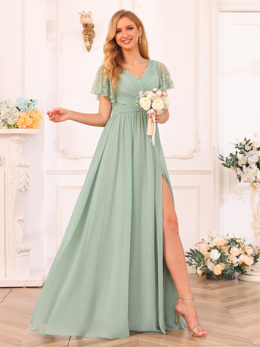 A-Line/Princess V-Neck Long Wedding Party Dresses with Split Side &amp; Pockets