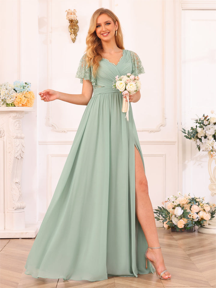 A-Line/Princess V-Neck Long Wedding Party Dresses with Split Side &amp; Pockets