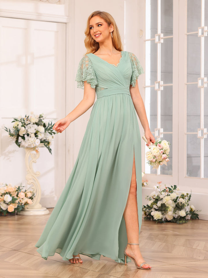 A-Line/Princess V-Neck Long Wedding Party Dresses with Split Side &amp; Pockets