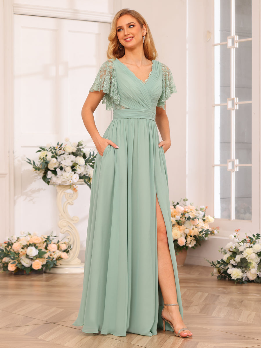 A-Line/Princess V-Neck Long Wedding Party Dresses with Split Side &amp; Pockets