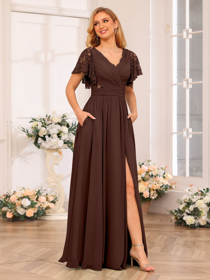 A-Line/Princess V-Neck Long Wedding Party Dresses with Split Side &amp; Pockets