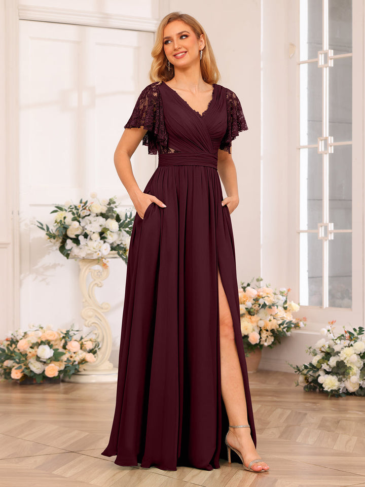 A-Line/Princess V-Neck Long Wedding Party Dresses with Split Side &amp; Pockets