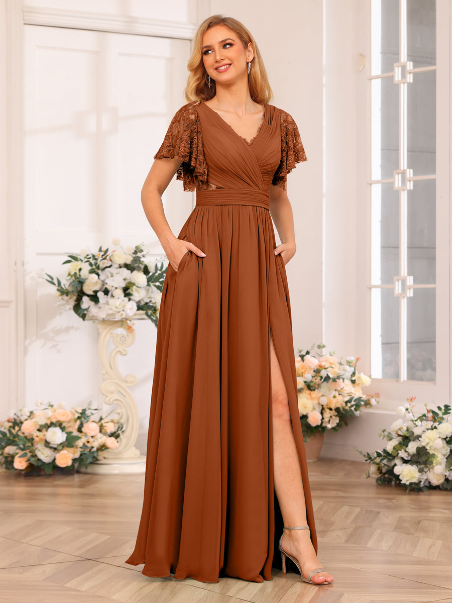 A-Line/Princess V-Neck Long Wedding Party Dresses with Split Side &amp; Pockets