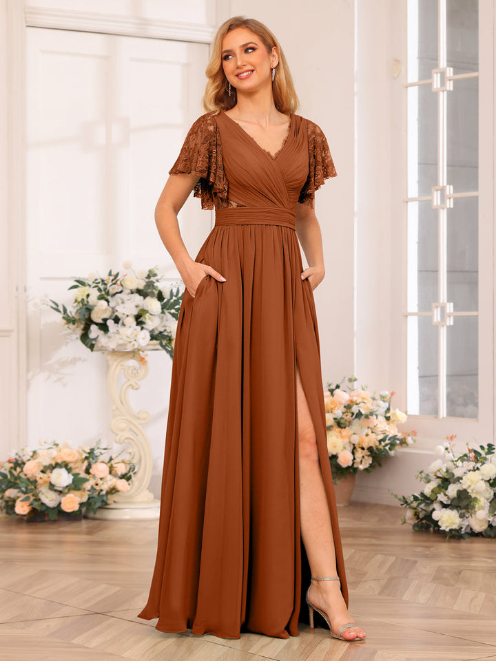 A-Line/Princess V-Neck Long Wedding Party Dresses with Split Side &amp; Pockets