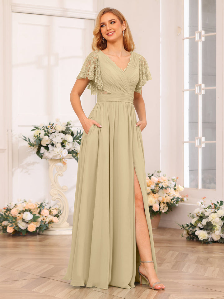 A-Line/Princess V-Neck Long Wedding Party Dresses with Split Side &amp; Pockets