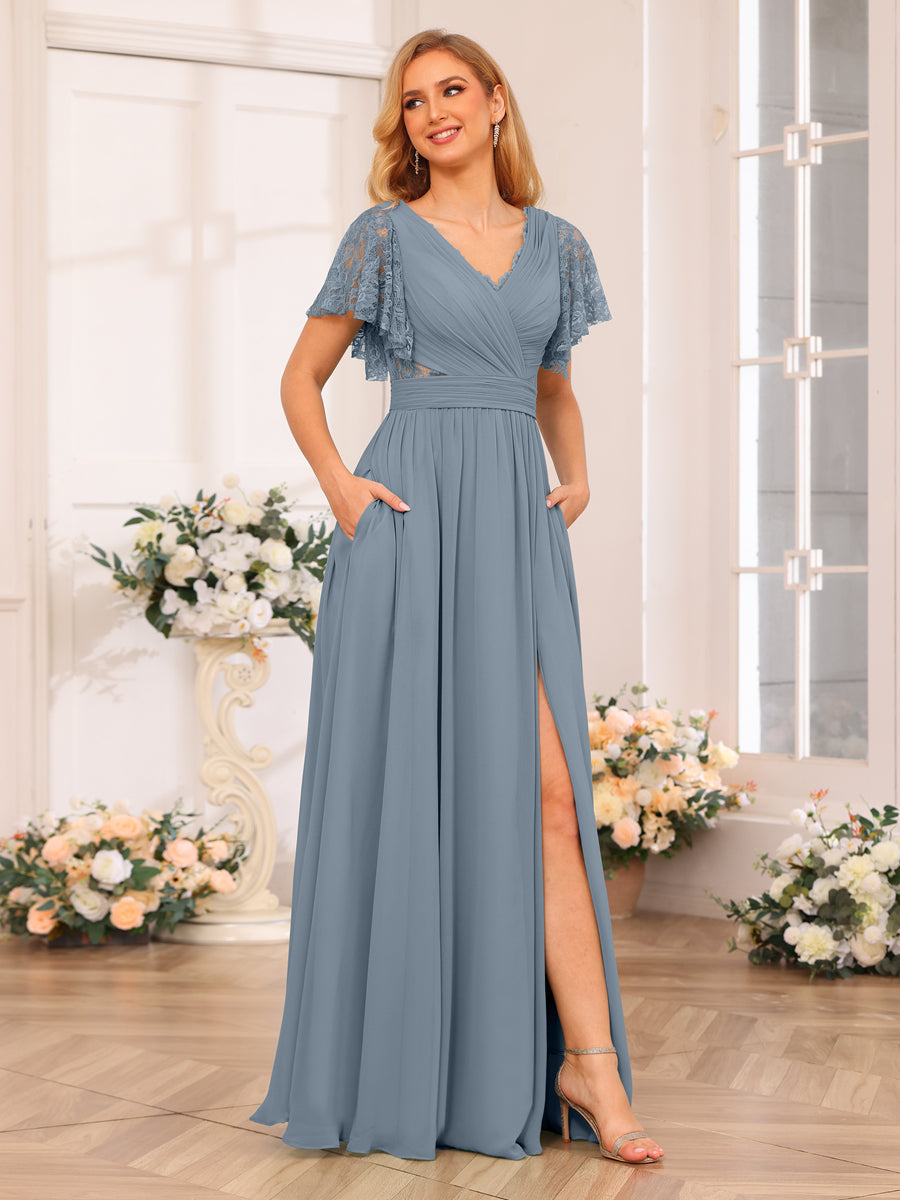 A-Line/Princess V-Neck Long Wedding Party Dresses with Split Side &amp; Pockets