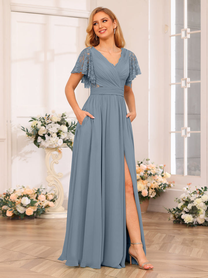 A-Line/Princess V-Neck Long Wedding Party Dresses with Split Side &amp; Pockets