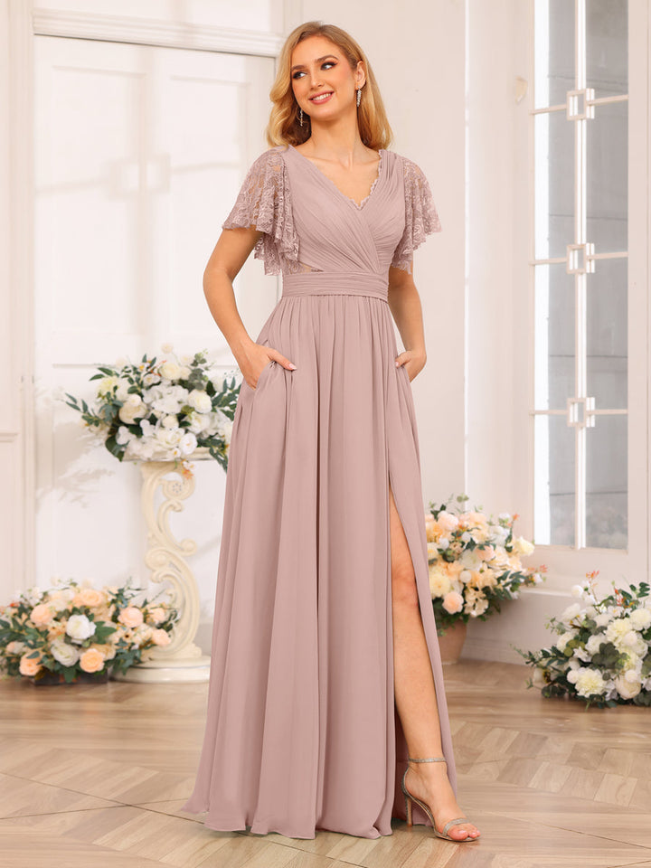 A-Line/Princess V-Neck Long Wedding Party Dresses with Split Side &amp; Pockets
