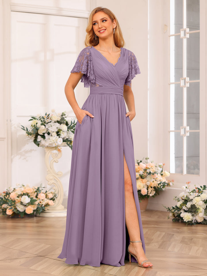 A-Line/Princess V-Neck Long Wedding Party Dresses with Split Side &amp; Pockets