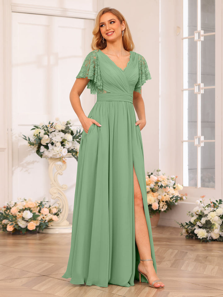 A-Line/Princess V-Neck Long Wedding Party Dresses with Split Side &amp; Pockets