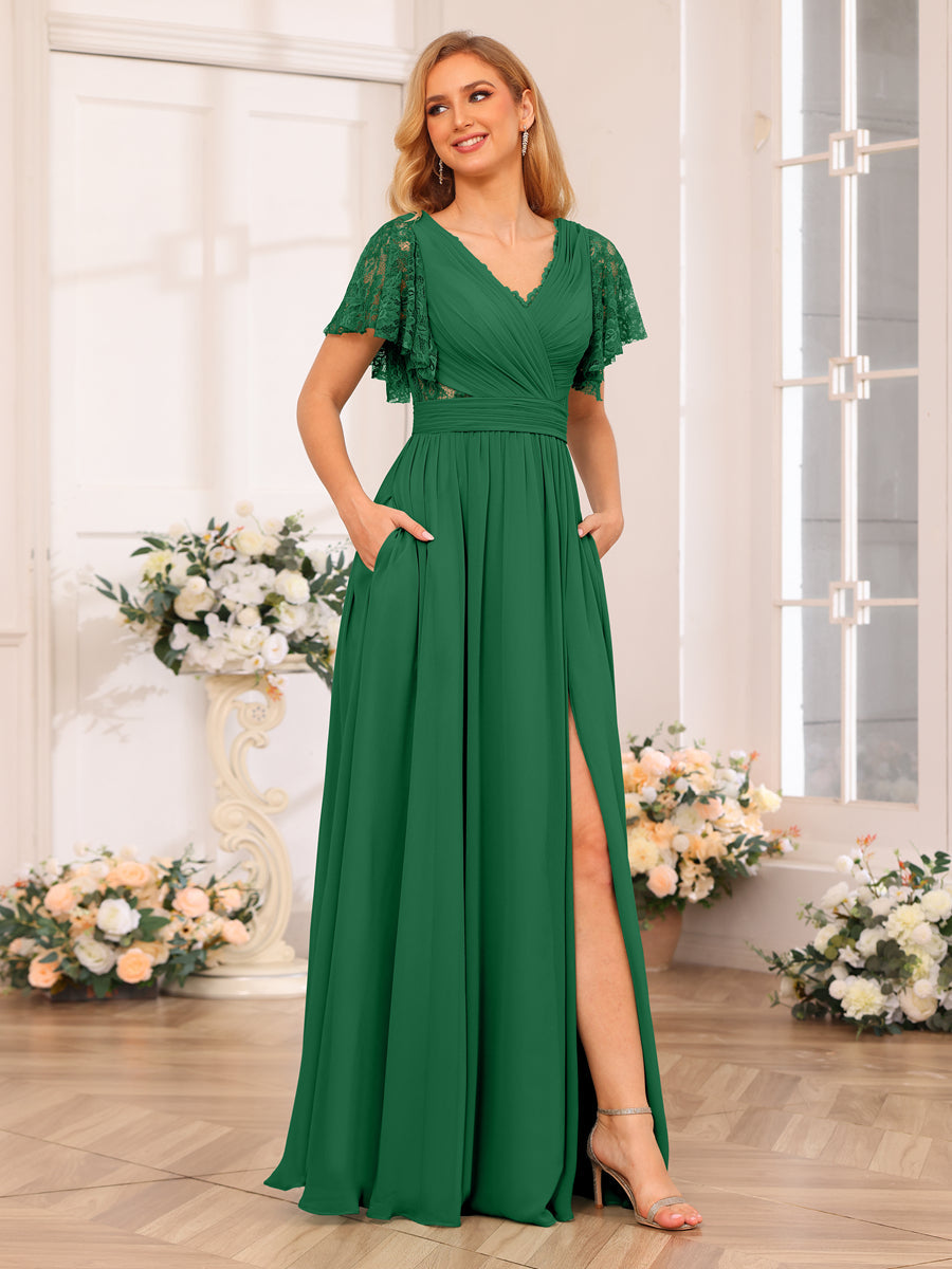 A-Line/Princess V-Neck Long Wedding Party Dresses with Split Side &amp; Pockets