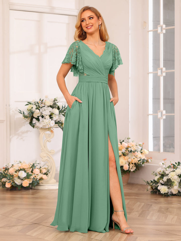A-Line/Princess V-Neck Long Wedding Party Dresses with Split Side &amp; Pockets