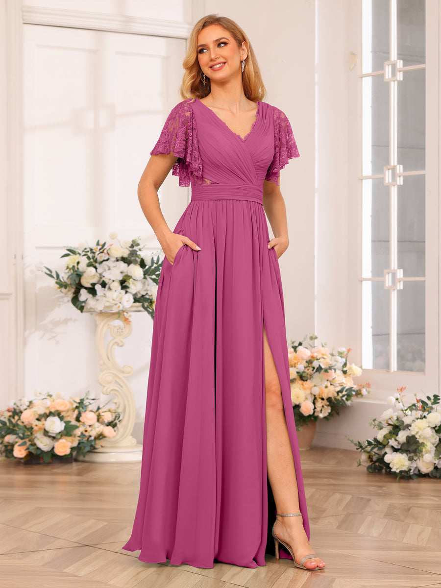 A-Line/Princess V-Neck Long Wedding Party Dresses with Split Side &amp; Pockets