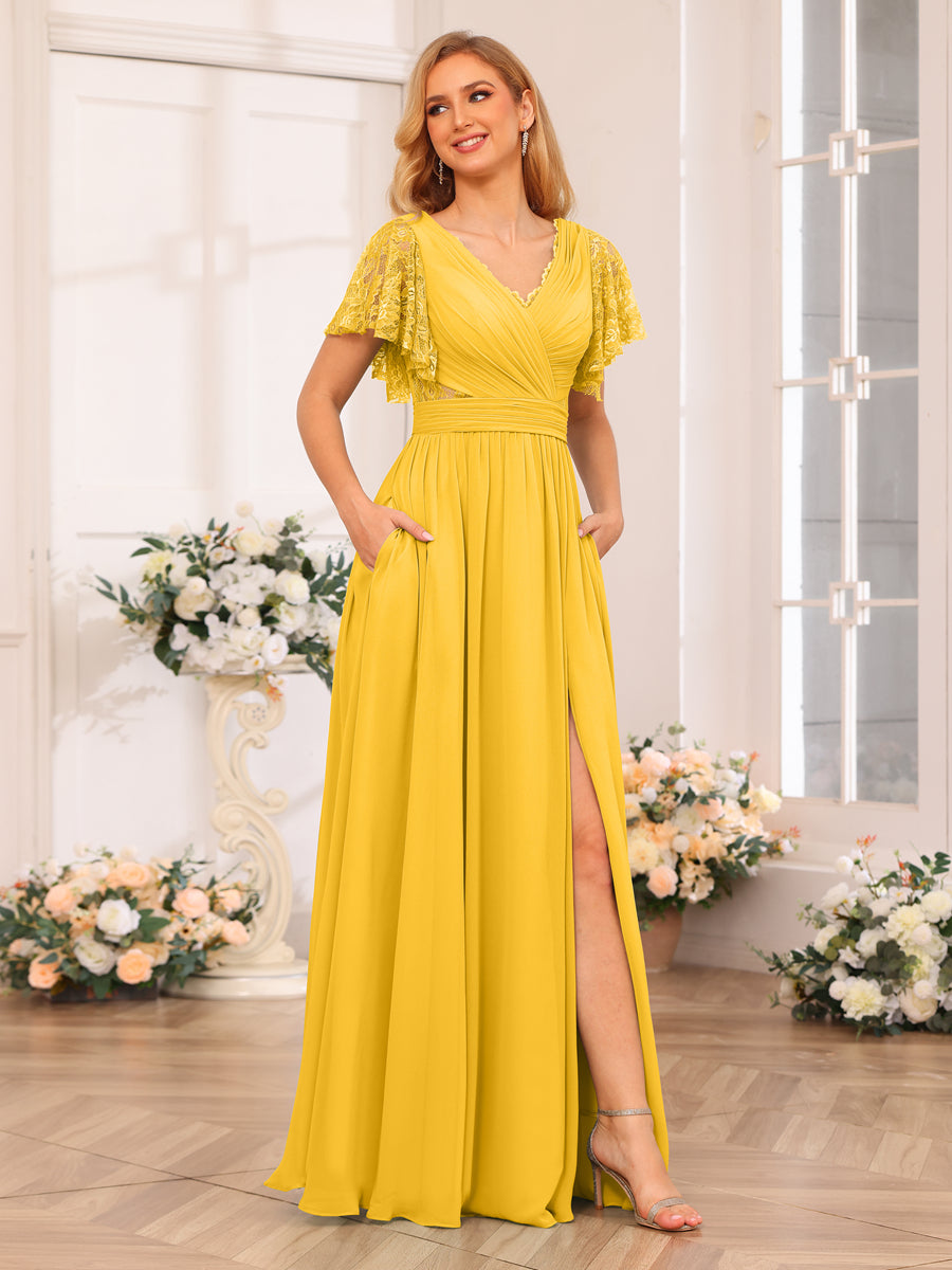 A-Line/Princess V-Neck Long Wedding Party Dresses with Split Side &amp; Pockets