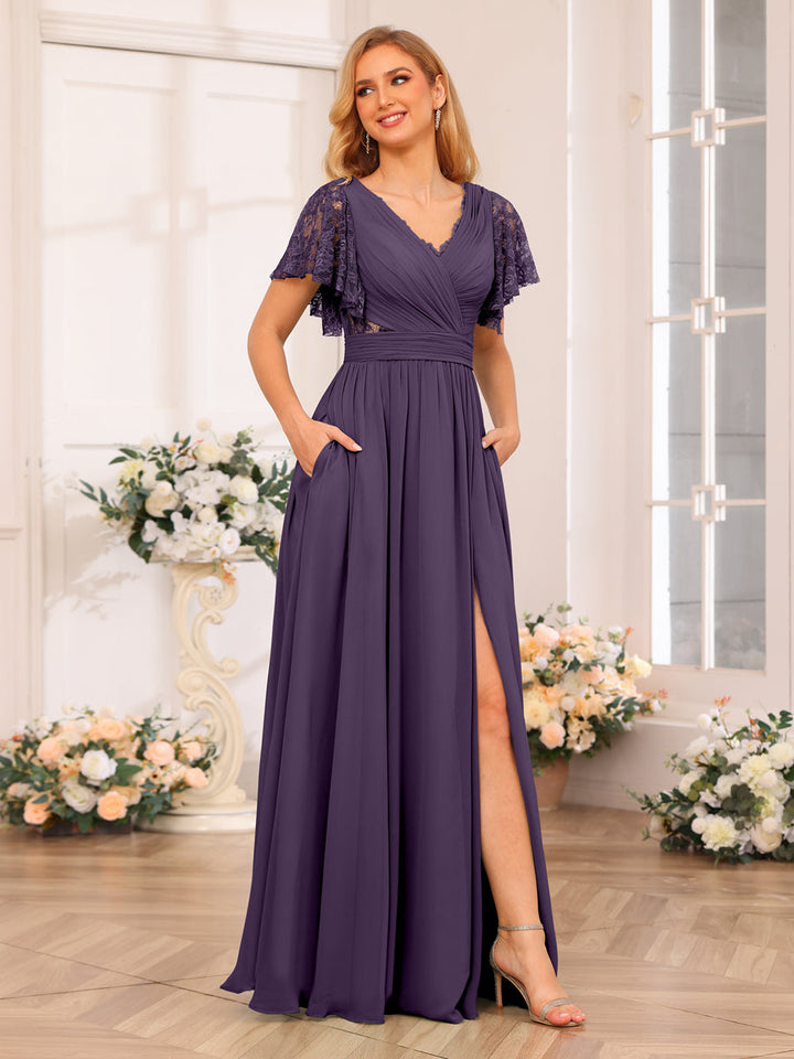 A-Line/Princess V-Neck Long Wedding Party Dresses with Split Side &amp; Pockets