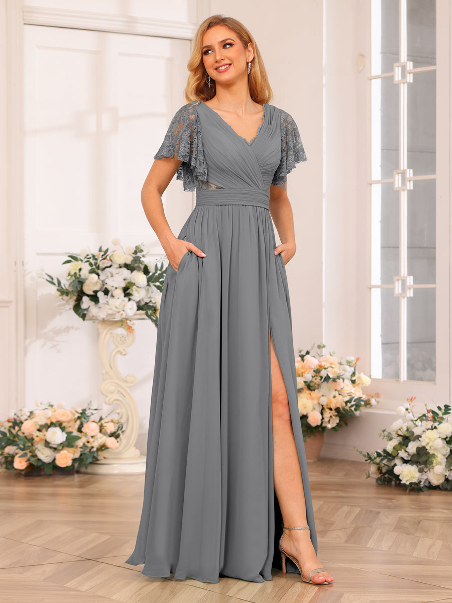 A-Line/Princess V-Neck Long Wedding Party Dresses with Split Side &amp; Pockets