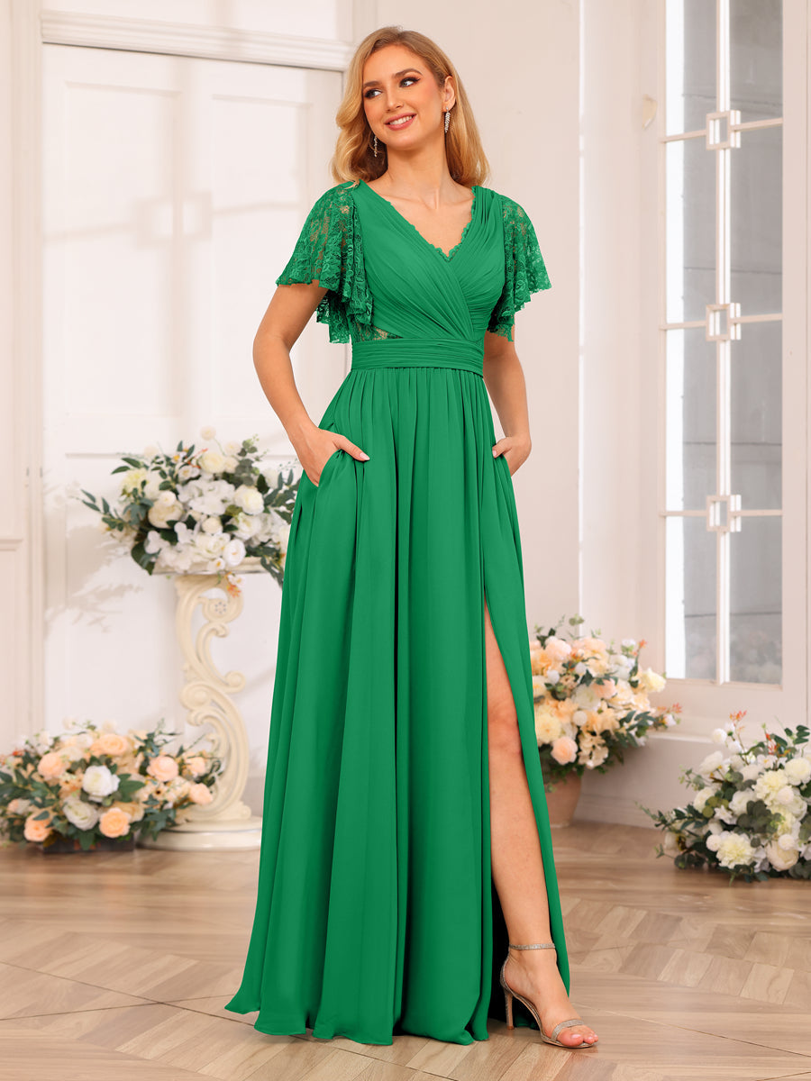 A-Line/Princess V-Neck Long Wedding Party Dresses with Split Side &amp; Pockets