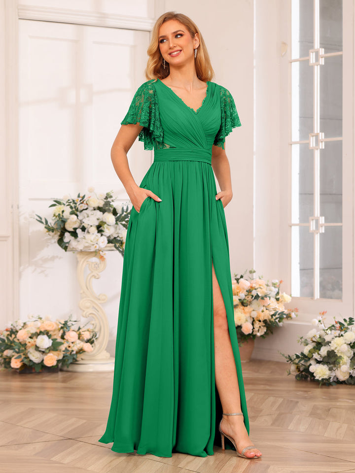 A-Line/Princess V-Neck Long Wedding Party Dresses with Split Side &amp; Pockets