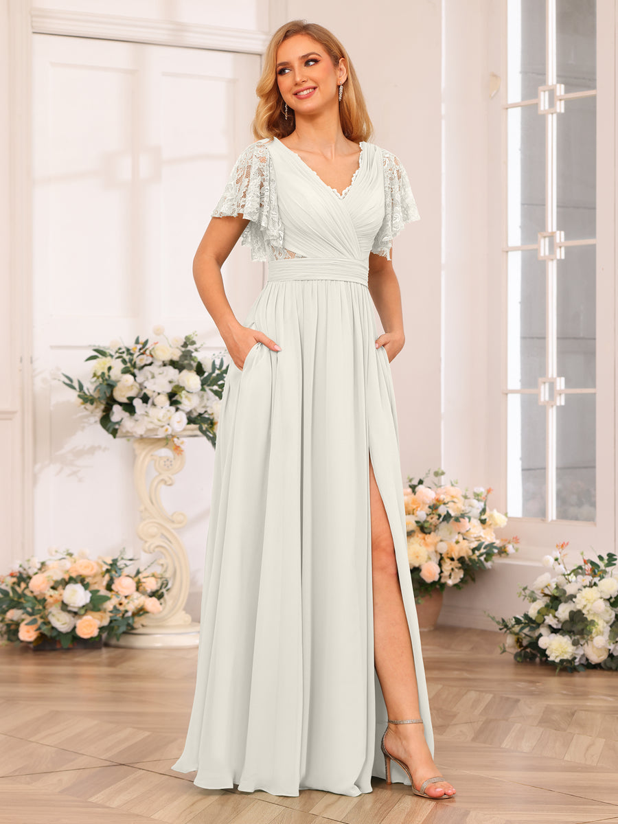 A-Line/Princess V-Neck Long Wedding Party Dresses with Split Side &amp; Pockets