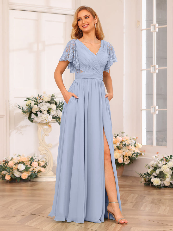 A-Line/Princess V-Neck Long Wedding Party Dresses with Split Side &amp; Pockets