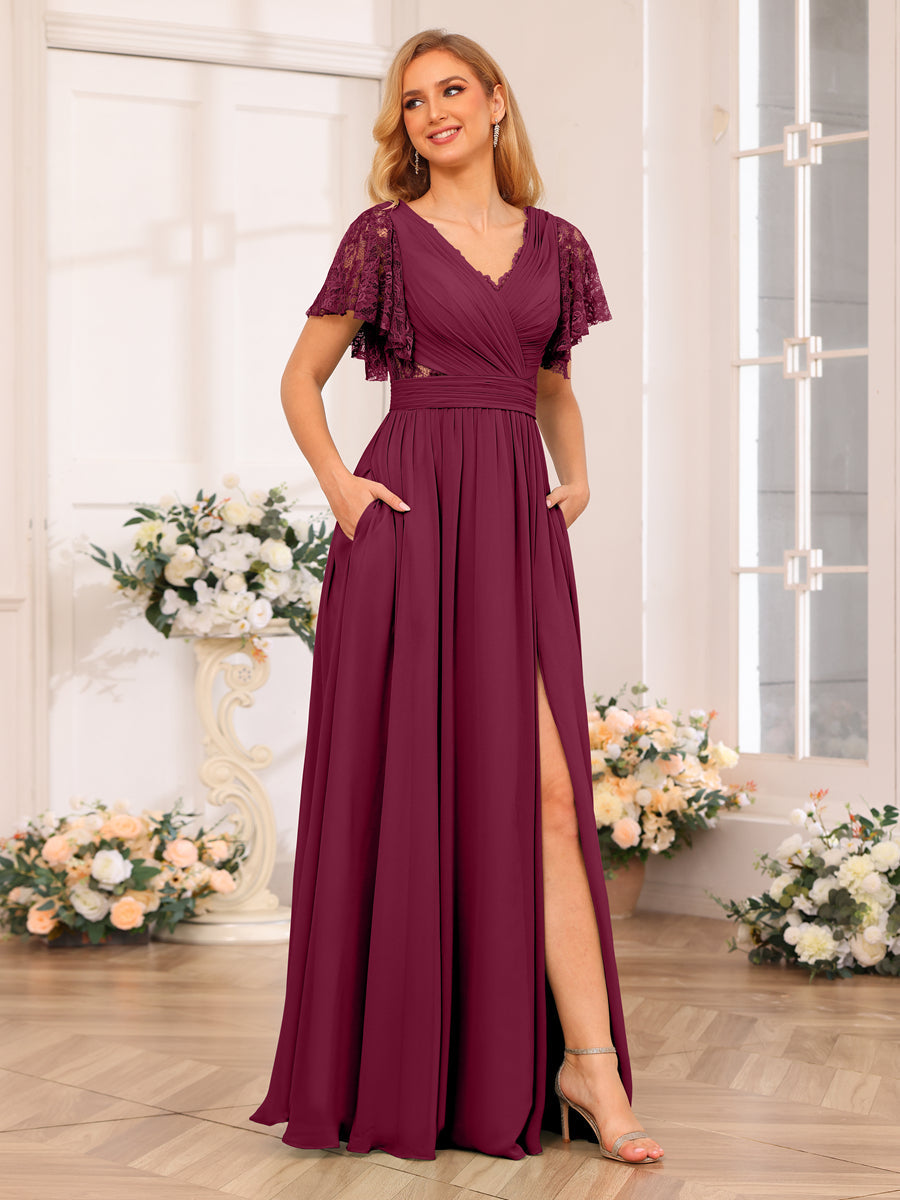 A-Line/Princess V-Neck Long Wedding Party Dresses with Split Side &amp; Pockets
