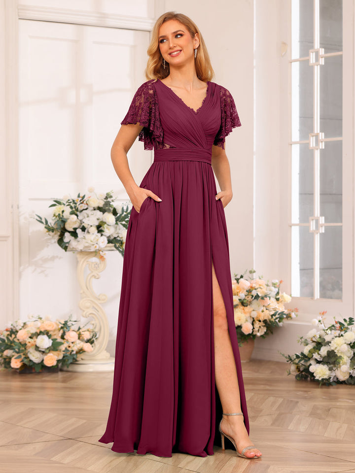 A-Line/Princess V-Neck Long Wedding Party Dresses with Split Side &amp; Pockets
