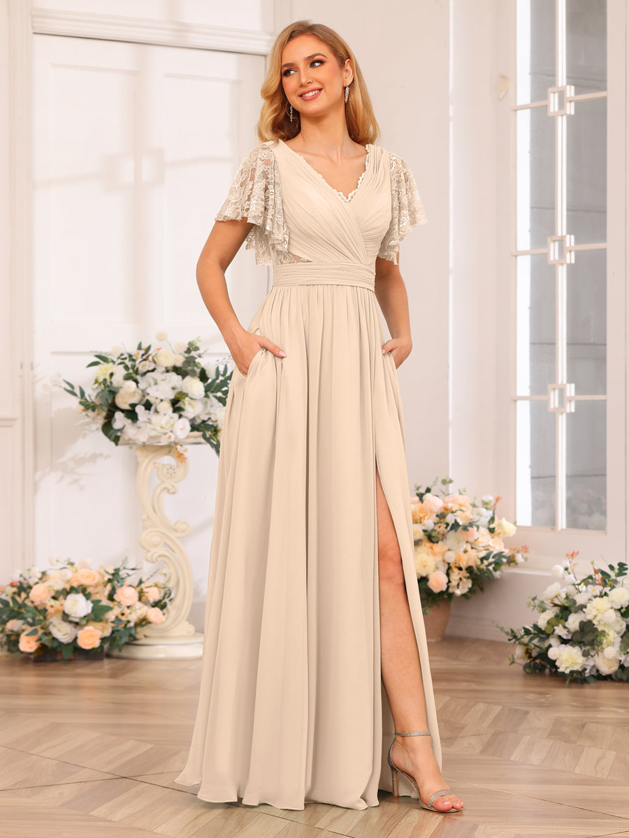 A-Line/Princess V-Neck Long Wedding Party Dresses with Split Side &amp; Pockets