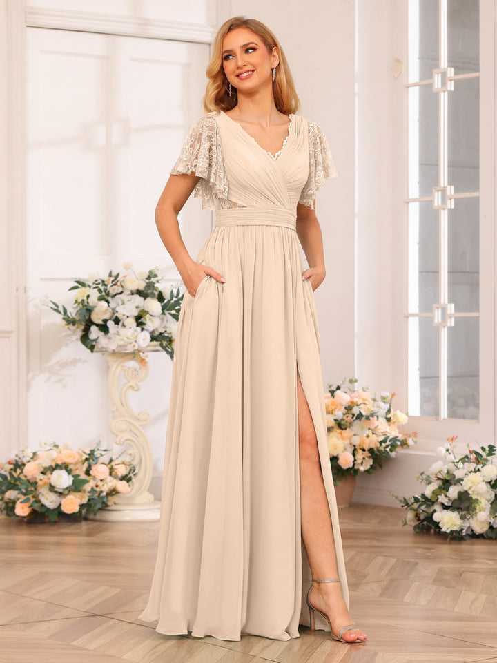 A-Line/Princess V-Neck Long Wedding Party Dresses with Split Side &amp; Pockets