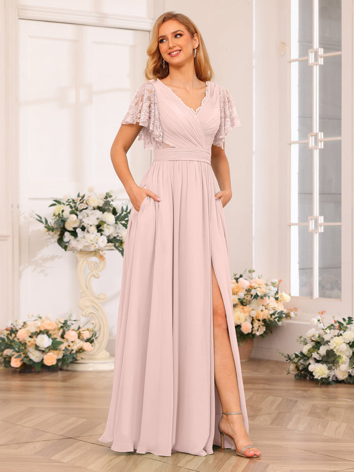 A-Line/Princess V-Neck Long Wedding Party Dresses with Split Side &amp; Pockets