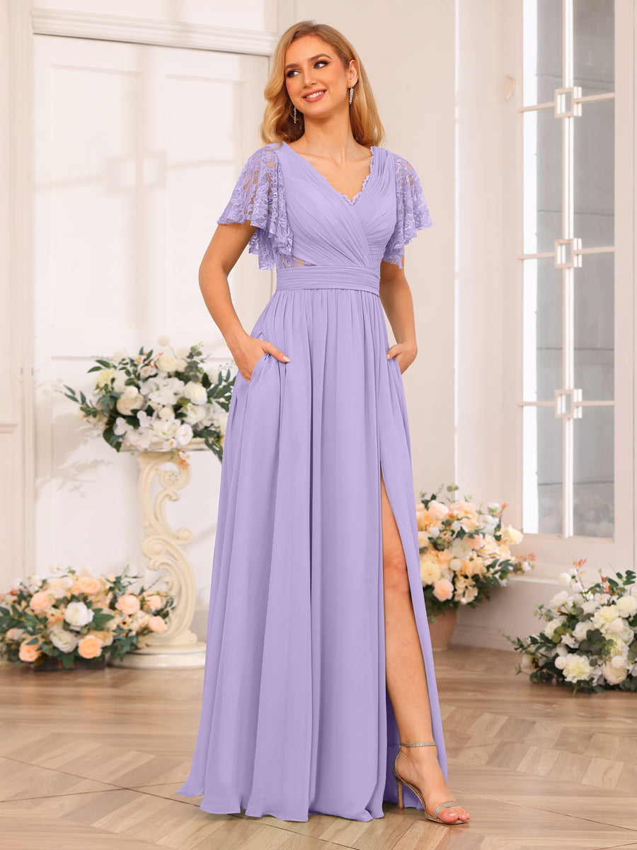 A-Line/Princess V-Neck Long Wedding Party Dresses with Split Side &amp; Pockets