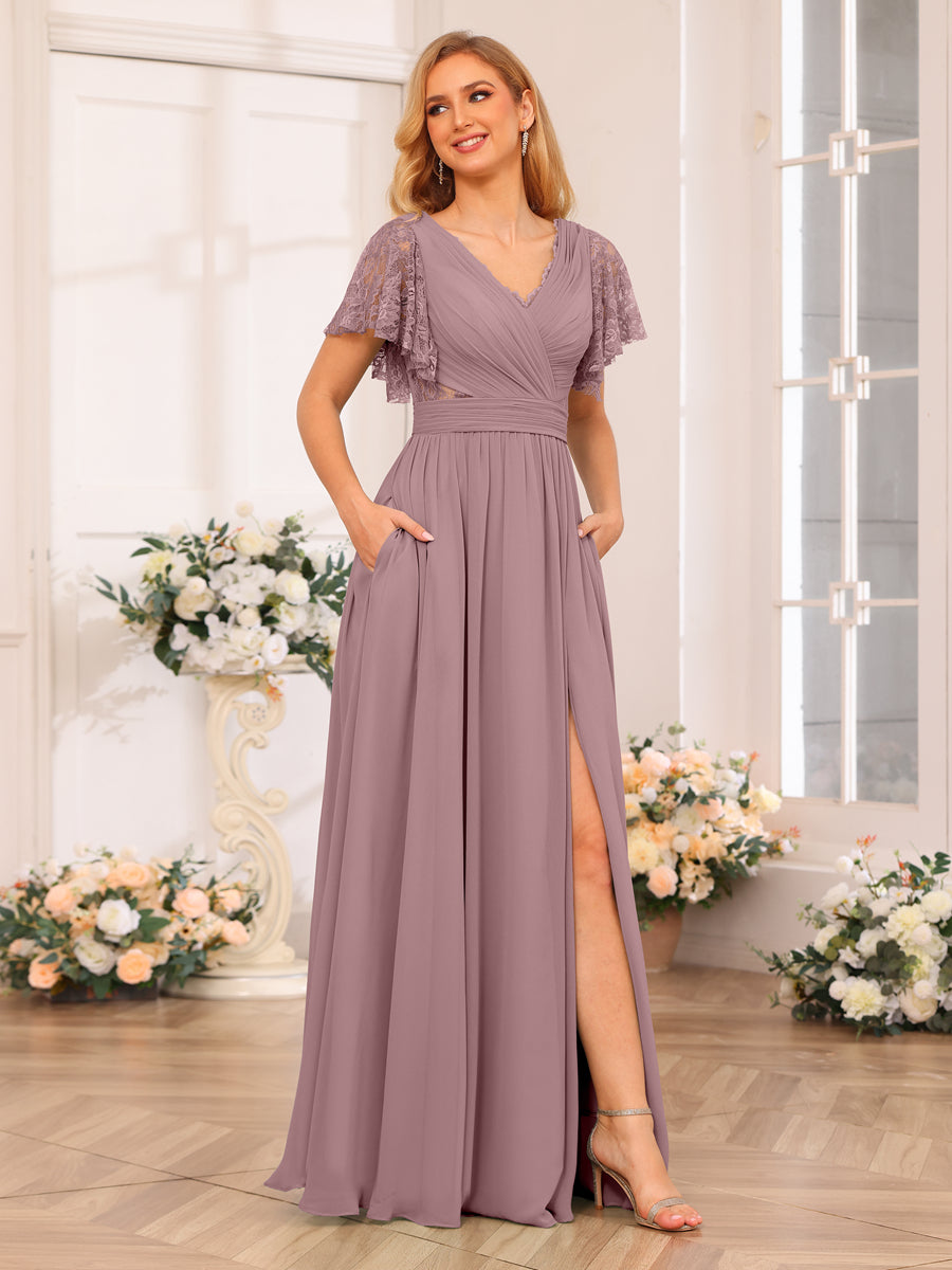 A-Line/Princess V-Neck Long Wedding Party Dresses with Split Side &amp; Pockets