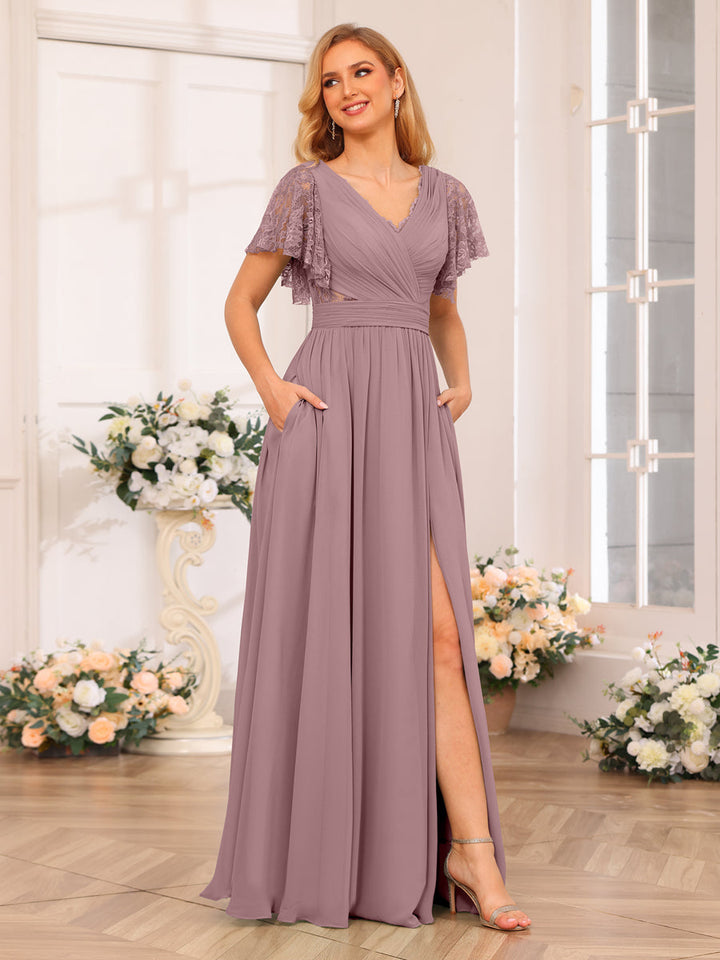 A-Line/Princess V-Neck Long Wedding Party Dresses with Split Side &amp; Pockets