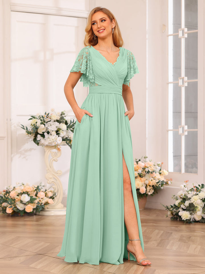 A-Line/Princess V-Neck Long Wedding Party Dresses with Split Side &amp; Pockets