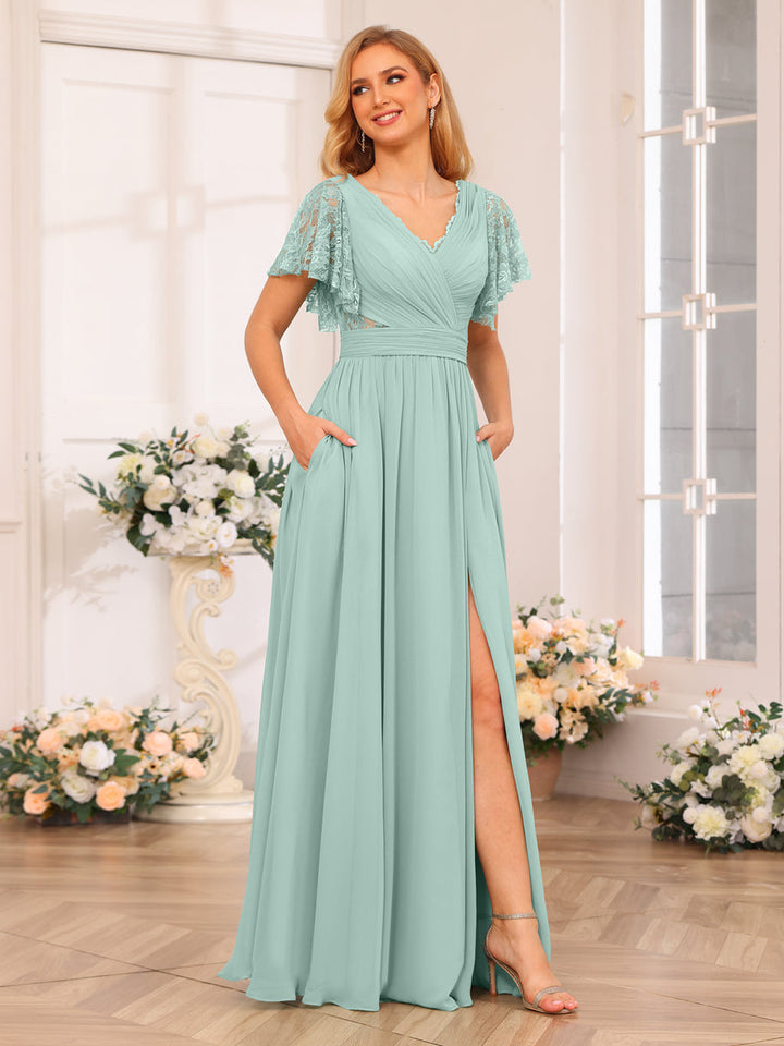 A-Line/Princess V-Neck Long Wedding Party Dresses with Split Side &amp; Pockets
