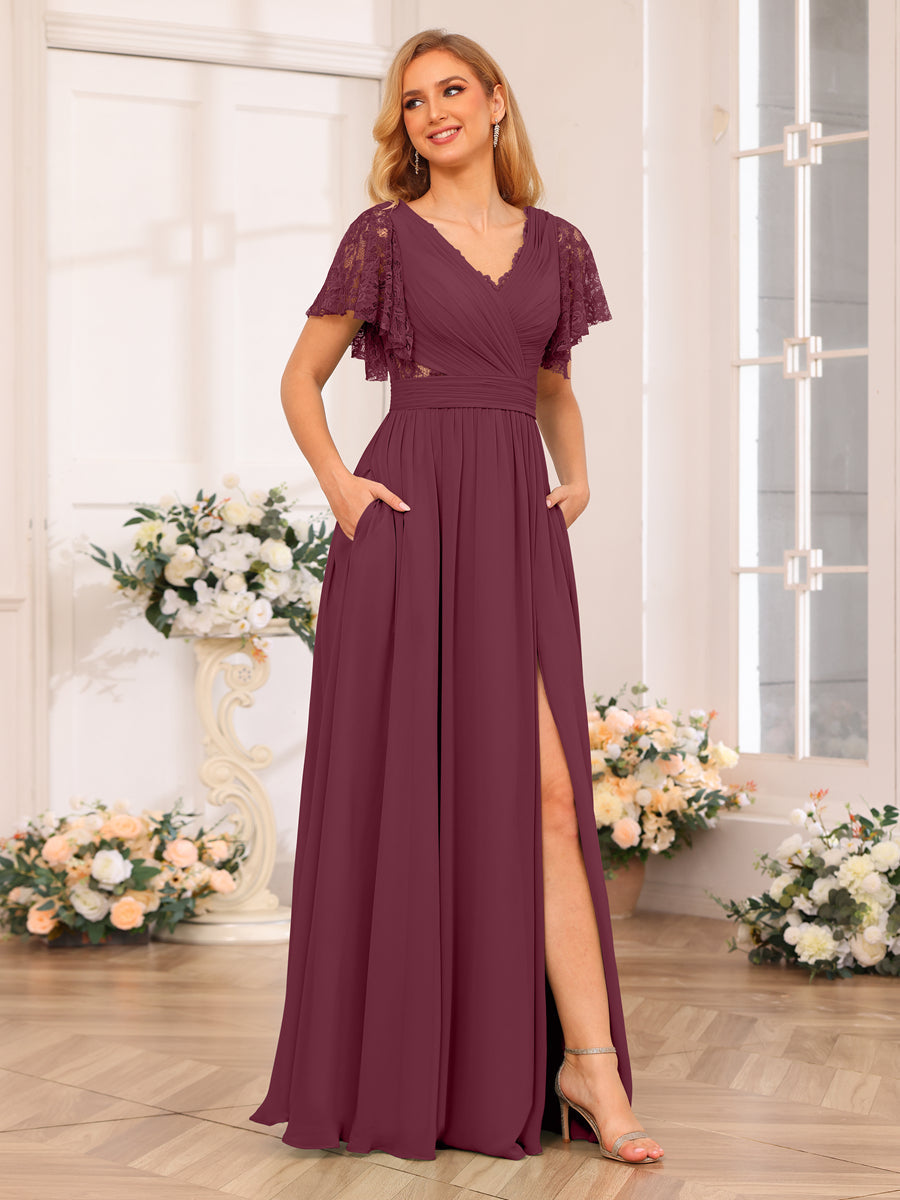 A-Line/Princess V-Neck Long Wedding Party Dresses with Split Side &amp; Pockets