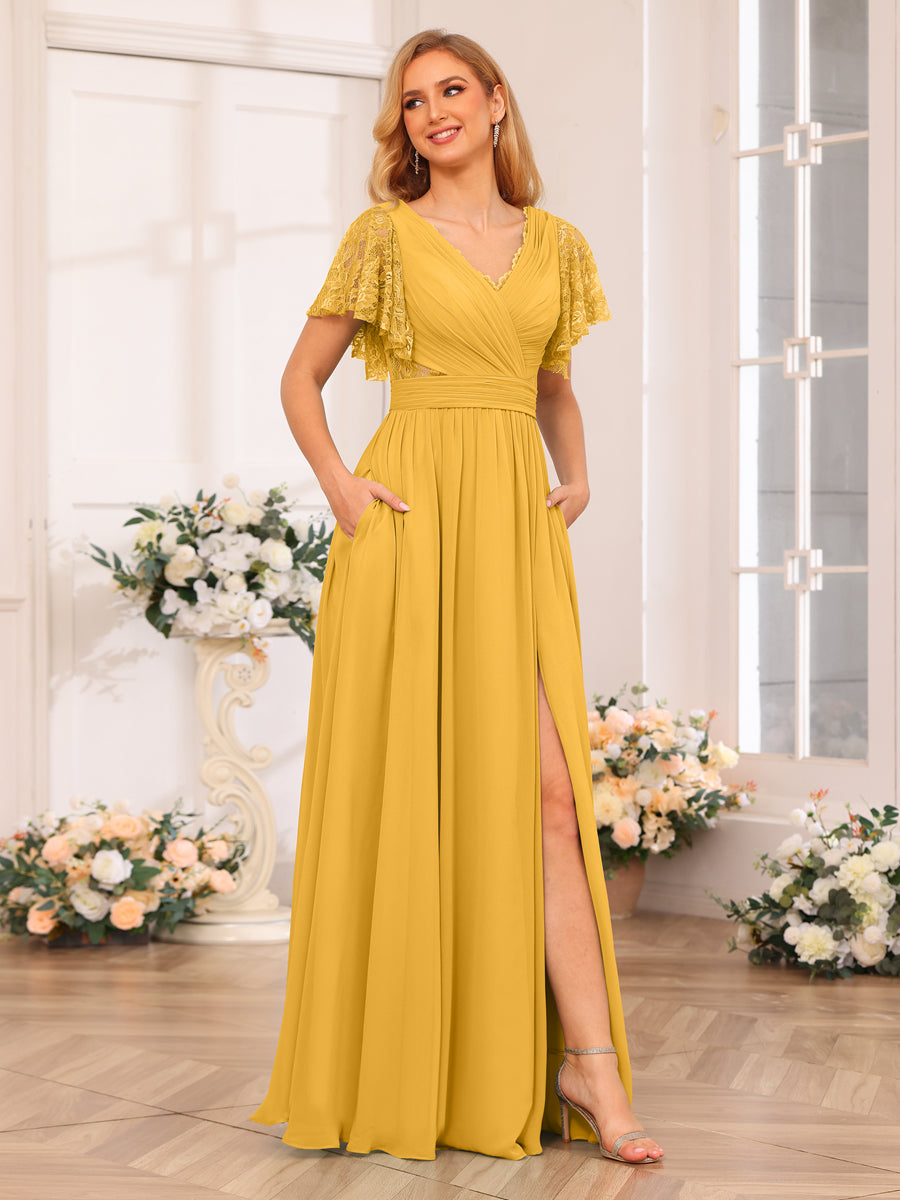 A-Line/Princess V-Neck Long Wedding Party Dresses with Split Side &amp; Pockets