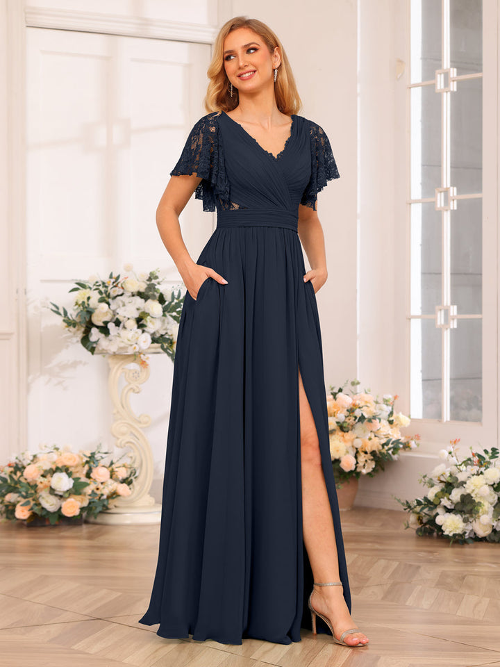 A-Line/Princess V-Neck Long Wedding Party Dresses with Split Side &amp; Pockets