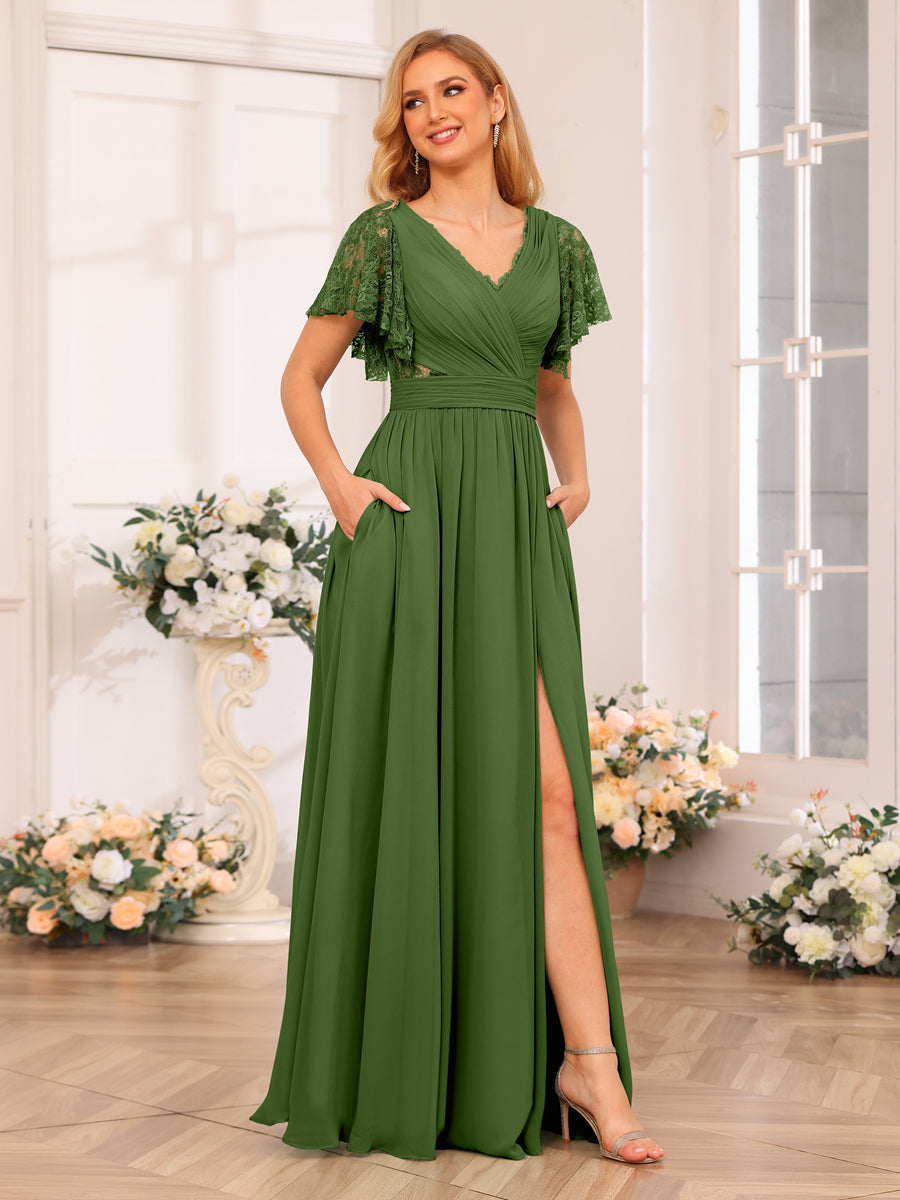A-Line/Princess V-Neck Long Wedding Party Dresses with Split Side &amp; Pockets