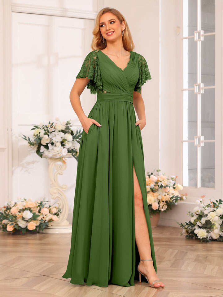 A-Line/Princess V-Neck Long Wedding Party Dresses with Split Side &amp; Pockets