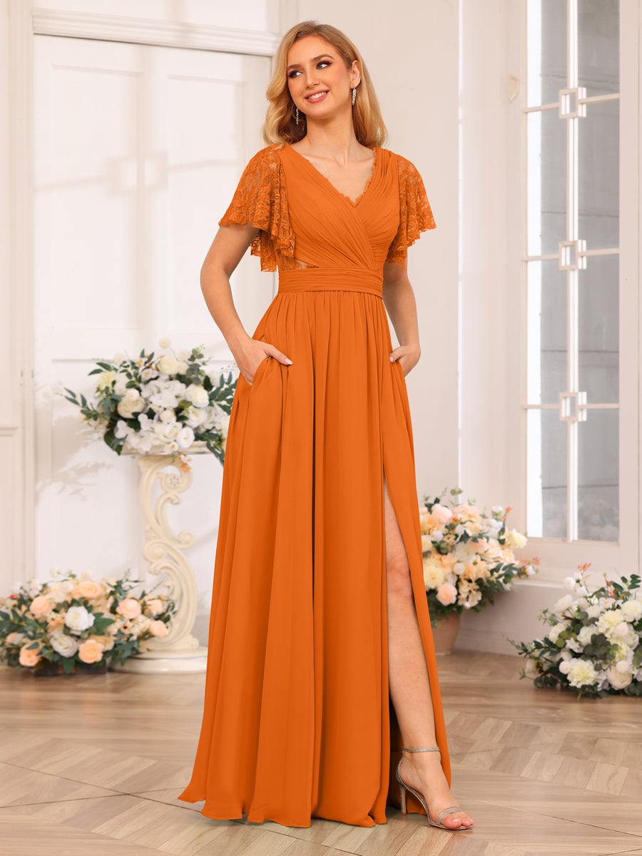 A-Line/Princess V-Neck Long Wedding Party Dresses with Split Side &amp; Pockets